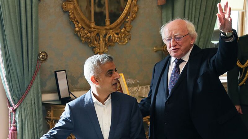 London Mayor Sadiq Khan (left) signs the visitor book alongside President Michael D Higgins at &Aacute;ras an Uachtar&aacute;in in Phoenix Park, Dublin, as part of his visit to the Republic&nbsp;
