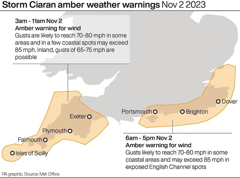 Storm Ciaran amber weather warnings