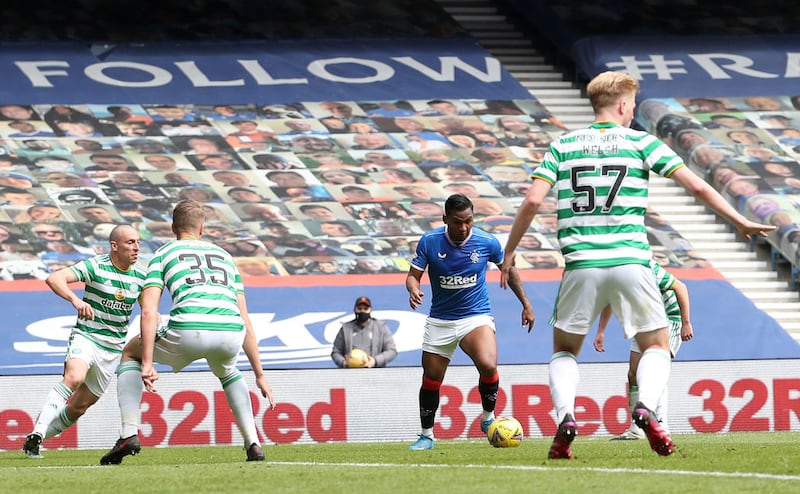 Rangers' Alfredo Morelos lines up to blast in his side's second goal of the game during the Scottish Premiership match against Celtic<span style="font-family: Arial, sans-serif; ">&nbsp;at Ibrox Stadium, Glasgow on Sunday May 2, 2021. Picture by Jane Barlow/PA Wire.</span><br />&nbsp;