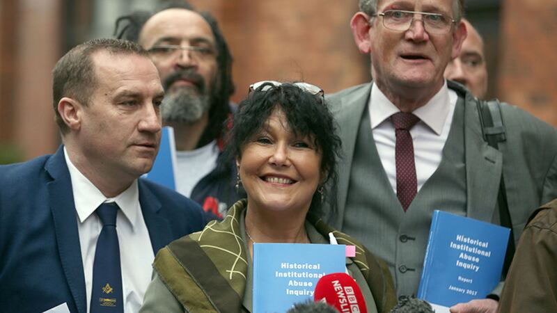 (left to right) Historical institutional abuse campaigners Martin Adams, Margaret McGuckin and Jon McCourt in Belfast after the Historical Institutional Abuse inquiry report is published after its conclusion&nbsp;
