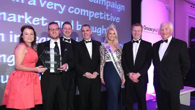 Pictured at the Grocers&rsquo; Ball are (from left) Linda Fitzgerald, Desi Derby and Glen Cinnamon from Lidl, Brian Crawford (McGowans), Miss NI Leanne McDowell, Paul Gibson (Lidl) and James Greer (Ulster Grocer) 