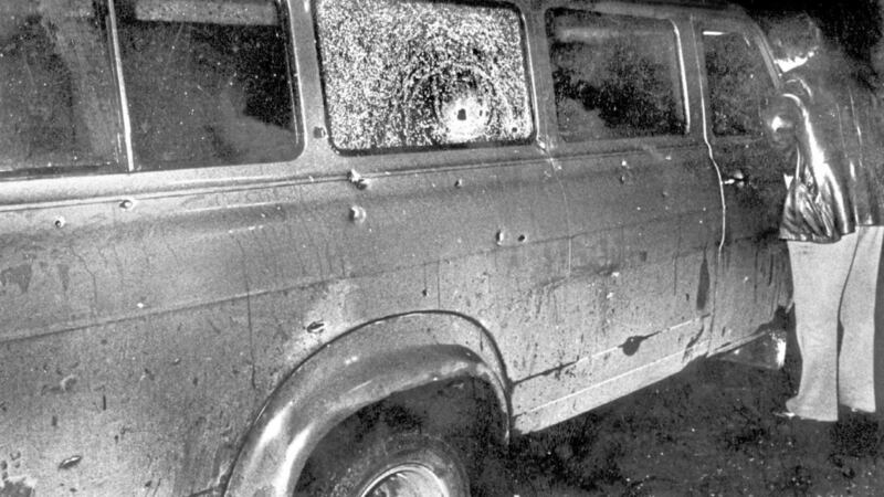 The bullet-riddled minibus the 10 Protestant workman were travelling in before they were killed at Kingsmills in Co Armagh in January 1976 