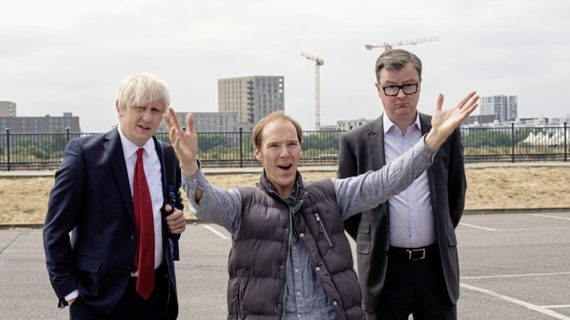 Boris Johnson (Richard Goulding), Dominic Cummings (Benedict Cumberbatch) and Michael Gove (Oliver Maltman) in Brexit:  The Uncivil War 