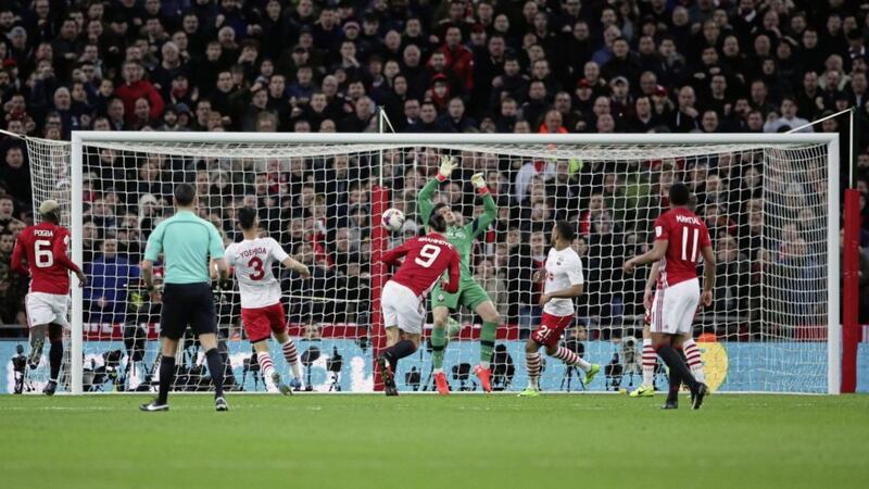 Manchester United&#39;s Zlatan Ibrahimovic scores his side&#39;s third goal of the game during the EFL Cup Final at Wembley yesterday Picture: PA 