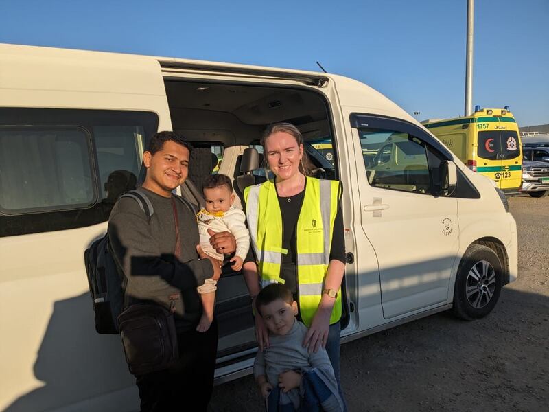 Mohammed Jendia (Khalid's brother-in-law) with Ali (4) and Sara (1), who have successfully crossed into Egypt with the help of a worked from the Irish embassy in Cairo.