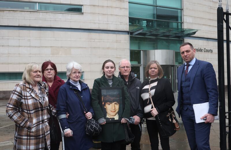 The Moran family with solicitor  Pádraig Ó Muirigh at Laganside Court on Tuesday. John Moran was  killed in Kelly's Bar in May 1972.
PICTURE COLM LENAGHAN