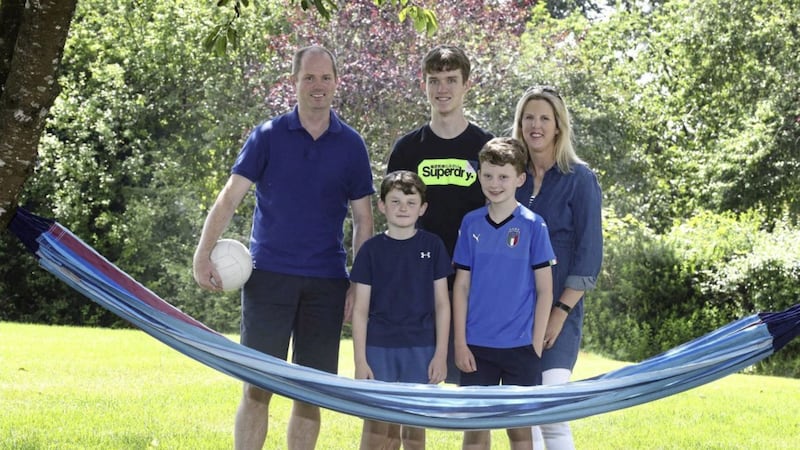 All-Ireland winner Andrew McCann at his Slane home with wife Emma and sons Eoin (17), Joe (10) and Cormac (8). Picture by Hugh Russell 