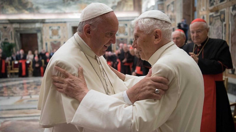 &nbsp;Pope Francis, left, and retired Pope Benedict XVI embrace during a ceremony to celebrate Benedict&rsquo;s 65th anniversary of his ordination as a priest, in the Clementine Hall of the Apostolic Palace, at the Vatican. Photograph: AP