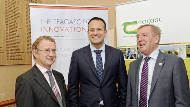 At the launch of the new National Food Innovation Hub in Co Cork are Teagasc director of research, Dr Frank O&#39;Mara, Taoiseach Leo Varadkar and Irish agriculture minister Michael Creed 