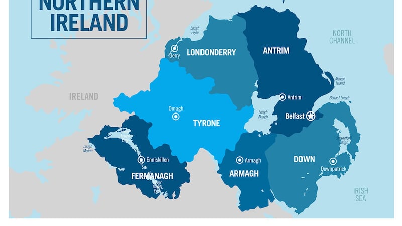 A map of Northern Ireland showing its six counties and border with the Republic of Ireland