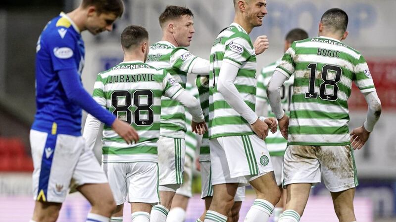 Nir Bitton celebrates after scoring the third goal in yesterday&#39;s Scottish Premiership victory over St Johnstone. Picture by PA 
