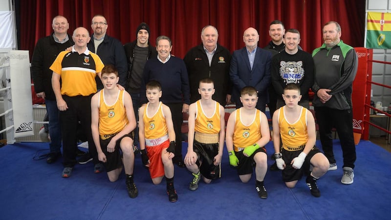 IABA president Dominic O&rsquo;Rourke and officials from the Ulster Council and County Antrim Board announce that the 2020 European Schoolboy/Schoolgirl Championships are to be held in Belfast. Picture by Mark Marlow