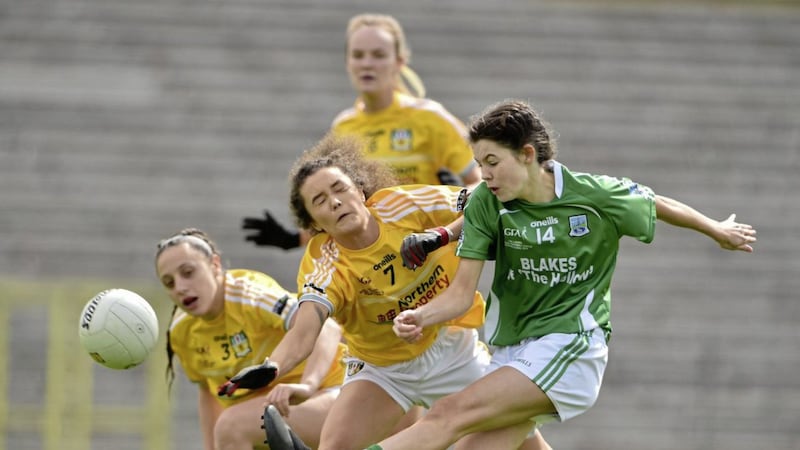 Eimear Smyth of Fermanagh in action against Saoirse Tennyson of Antrim during the Lidl Ladies NFL Division 4 Final between Antrim and Fermanagh at St Tiernach's Park, Clones, Co.Monaghan on May 4 2019. Picture by Matt Browne/Sportsfile.