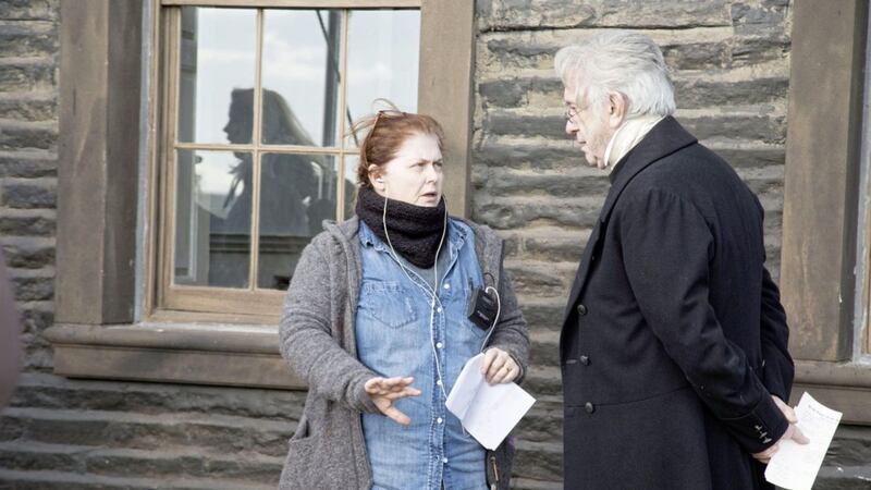 Writer and director Sally Wainwright with actor Jonathan Pryce behind the scenes of upcoming BBC drama To Walk Invisible 