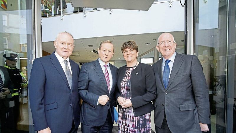 From left, Martin McGuinness, Enda Kenny, Arlene Foster and Charlie Flanagan at a North South Ministerial Council meeting in Armagh, yesterday. Picture by Kelvin Boyes, Press Eye, Press Association 