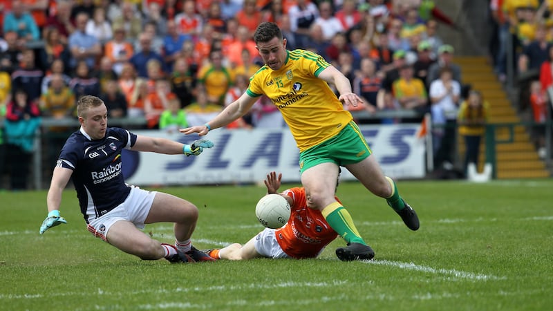 Donegal's Patrick McBrearty fires past Matthew McNeice in the Armagh goal after only two minutes at the Atheltic Grounds<br />Picture: Philip Walsh&nbsp;