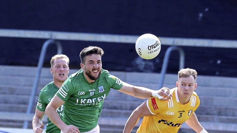 Antrim captain Peter Healy battles with Fermanagh&#39;s Ryan Lyons during Sunday&#39;s Tailteann Cup clash at the BOX-IT Athletic Grounds. Picture by Philip Walsh 