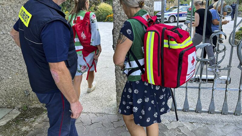 Volunteers from the Red Cross enter the Hellbrunn Zoo in Salzburg (AP)