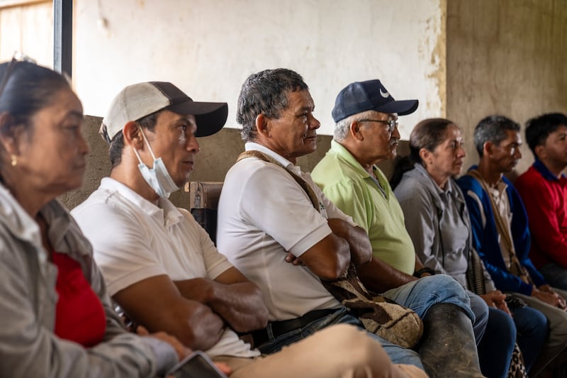 Coffee farmers (L-R) Yonatan Lopez, Jorge Marino, Jaime Garcia Florez, Yudis Camacho, Fernando Gutierrez and Richard Almanza. (Chris Terry/Fairtrade)
