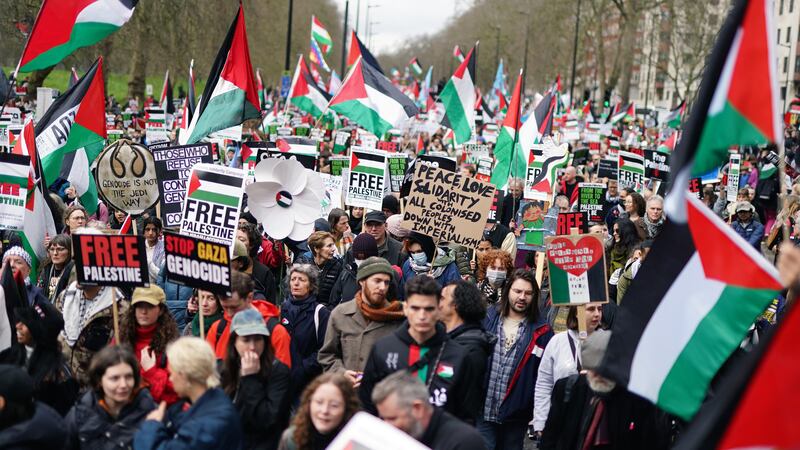 People take part in a pro-Palestine march in central London, organised by the Palestine Solidarity Campaign. Picture date: Saturday February 17, 2024.