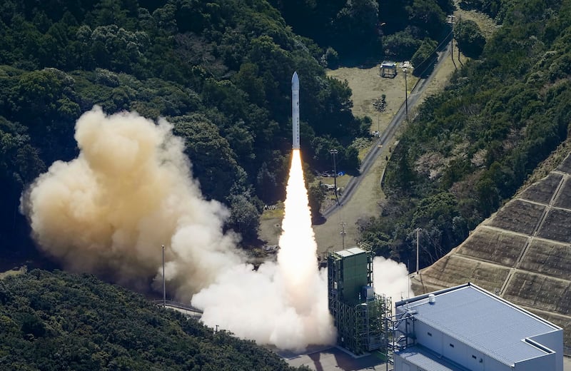 The Kairos rocket, pictured moments before it exploded (Kyodo News via AP)