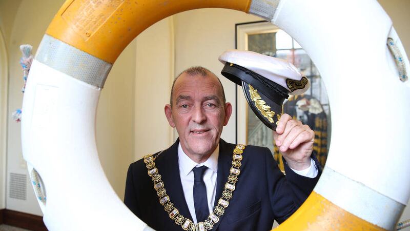 Belfast Lord Mayor Arder Carson at Belfast city hall signalling a seven day countdown to the Tall Ships returning to the city. Picture by Hugh Russell