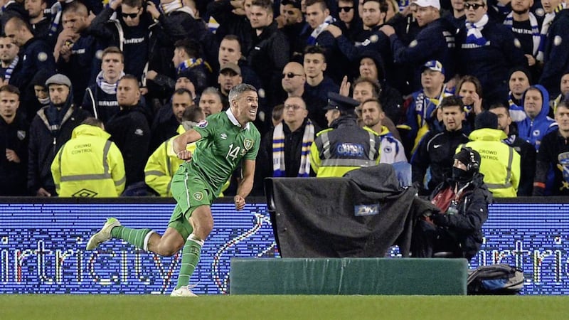 Republic of Ireland&#39;s Jonathan Walters celebrates scoring his side&#39;s second goal against Bosnia in 2015 