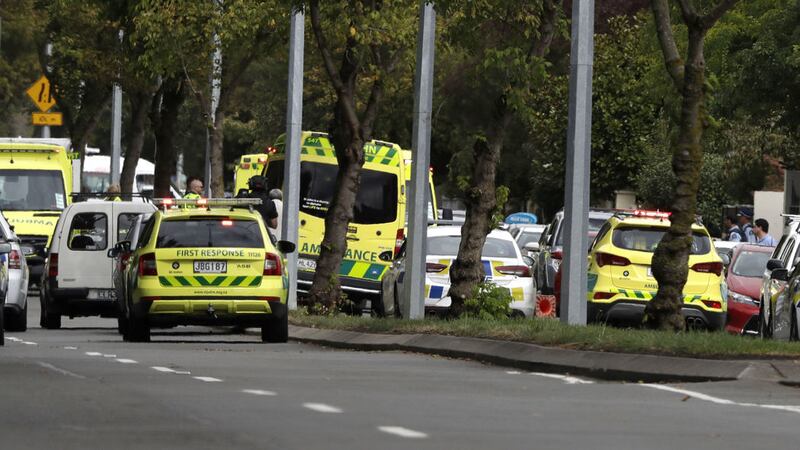 Ambulances parked outside a mosque in central Christchurch, New Zealand, Friday, March 15, 2019&nbsp;