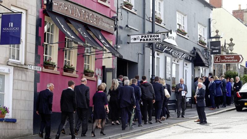 &nbsp;Mourners make their way to the funeral of chef Derek Patterson in Hillsborough. Picture by Mal McCann
