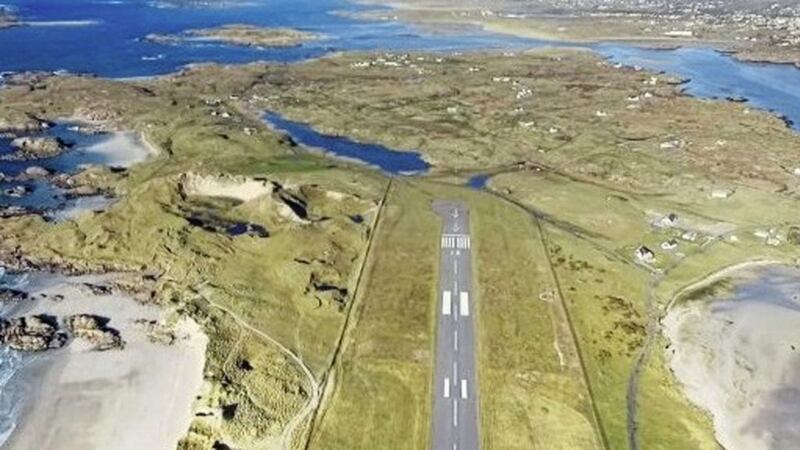 The runway at Carrickfinn Airport runs out towards the sea 