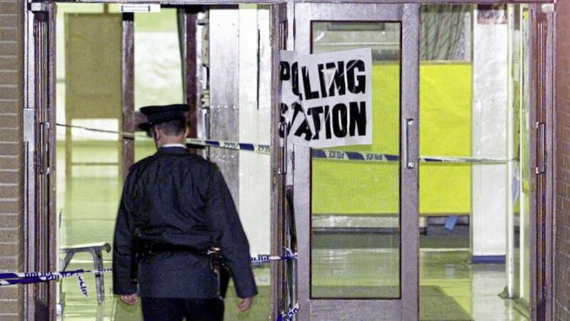 The scene at a polling station in Draperstown, Co Derry, after a Real IRA gun attack in June 2001 