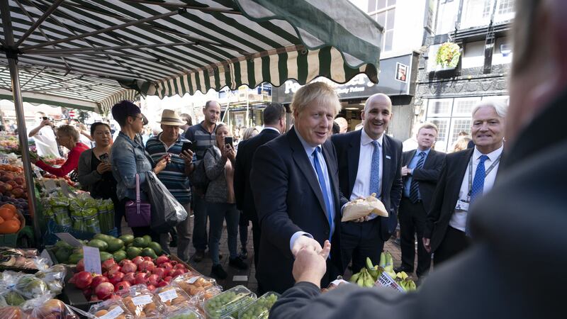 Boris Johnson pictured today visiting Doncaster Market in England&nbsp;