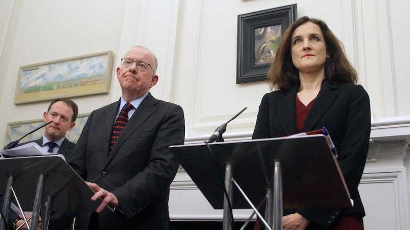 Northern Ireland Secretary Theresa Villiers and Irish Foreign Minister Charlie Flanagan at Stormont House. Picture by Ann McManus. 