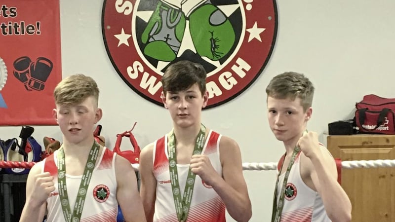 The three Irish title-winners from St John&#39;s, Swatragh are, from left, Peter Convery, Eoghan Quinn and Ronan McNamee 