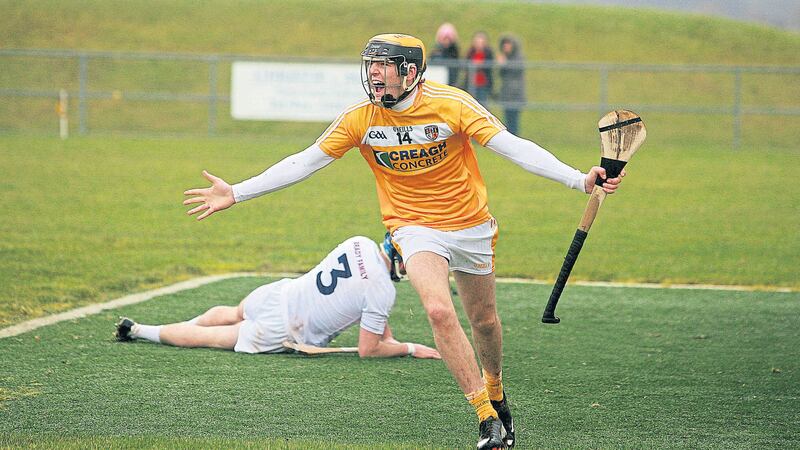 Antrim&rsquo;s Saul McCaughan celebrates after scoring a goal during yesterday&rsquo;s Allianz NHL Division 2A clash with Kildare at Ballycastle. McCaughan scored 2-1 in the Saffrons&rsquo;12-point win &nbsp;