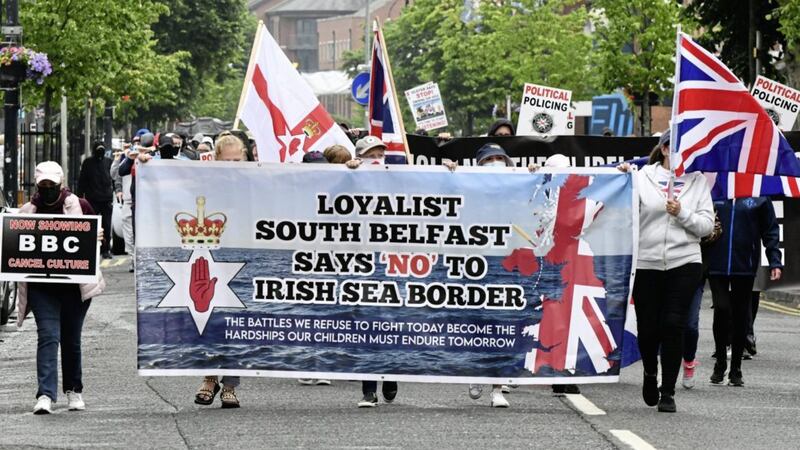 Around a thousand people took part in an anti-protocol march through the Donegall Road area of south Belfast in July last year. Picture by Alan Lewis, Photopress 
