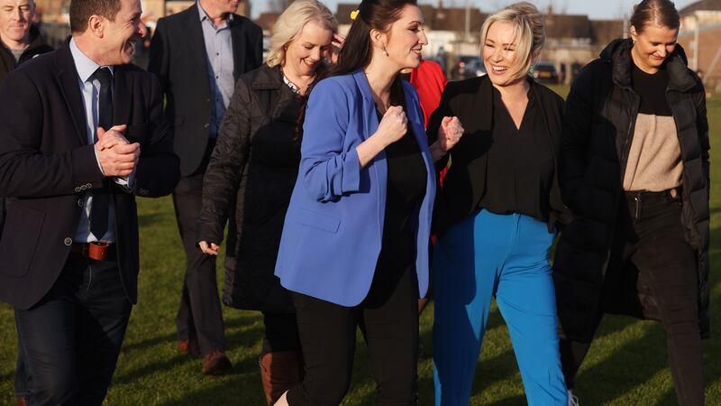 First Minister Michelle O'Neill, deputy First Minister Emma Little-Pengelly and Junior Ministers Aisling Reilly and Pam Cameron MLA during a visit to St Paul’s GAA in West Belfast.
PICTURE COLM LENAGHAN