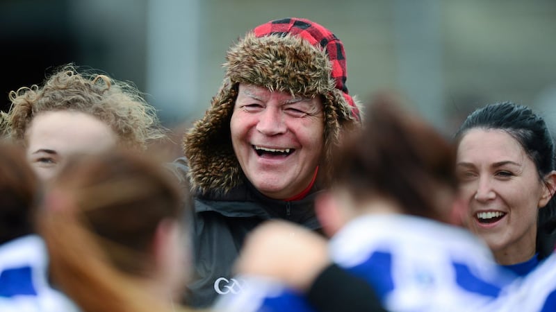Then Monaghan manager John Morrison with his players after a Ladies' NFL game against Cork in 2014 Picture by Matt Browne / SPORTSFILE