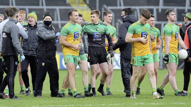 Donegal goalkeeper Shaun Patton speaks with veteran full-back Neil McGee after last Saturday&#39;s Ulster semi-final victory over Armagh. Picture by Margaret McLaughlin 