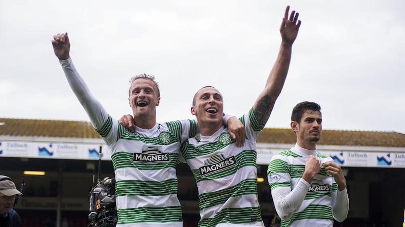 Celtic&#39;s Leigh Griffiths (left) and Scott Brown celebrates after their SPL win over Aberdeen at Pittodrie 