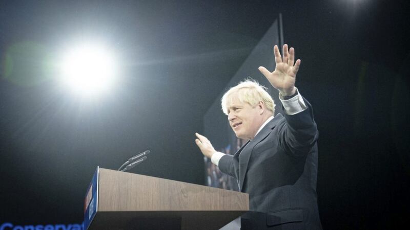 Prime Minister Boris Johnson&#39;s Conservative Party conference speech is more a performance in which dog-whistles jostle with hand-me-down quotes. Photo: Stefan Rousseau/PA Wire 