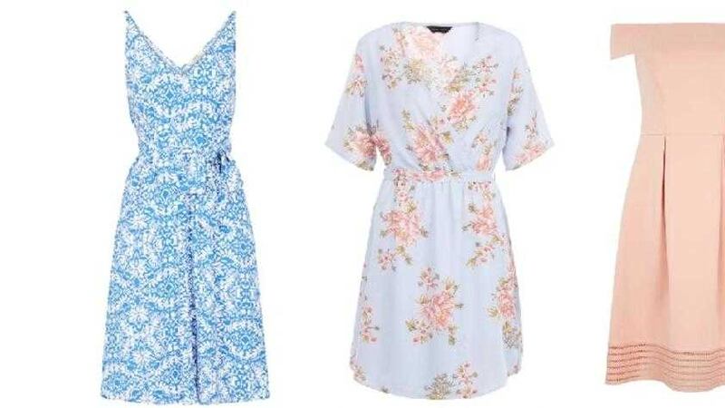 Blue print dress, &pound;16, Matalan; Floral wrap dress, &pound;14.99, New Look; Pale pink bardot dress, &pound;30, Dorothy Perkins 