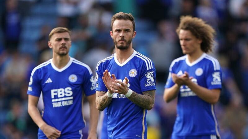 James Maddison, centre, looks dejected following Leicester’s relegation from the Premier League (Joe Giddens/PA)