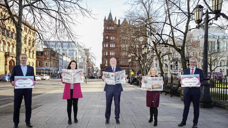 EY and Ulster Bank join forces with CBI NI to support The Irish News critical media literacy initiative in partnership with St Mary&#39;s University College. Pictured are Michael Hall (EY), Karen Hoey (CBI), Prof Peter Finn (St Mary&#39;s), Annette Kelly (Little Penny Thoughts) and Terry Robb (Ulster Bank) 