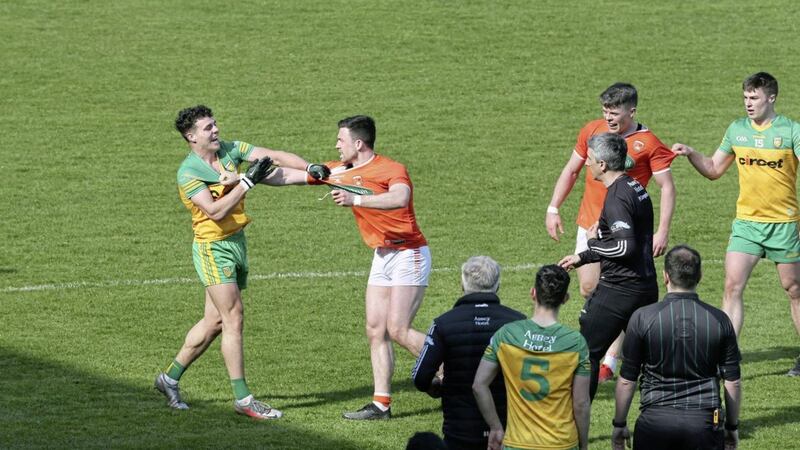 Donegal&#39;s Odhran McFadden-Ferry and Armagh&#39;s Aidan Forker clash amid ugly scenes at the end of yesterday&#39;s National League clash in Letterkenny. Picture by Margaret McLaughlin 