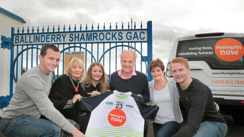 The family of the late Aaron Devlin launched a new GAA jersey in his memory at Ballinderry GAC on Friday. Pictured are Aaron's brothers Ronan and C&oacute;il&iacute;n, sister Anna and mother Carmel with Gloria and Steve Dayman, founders of Meningitis Now.&nbsp;Picture by Margaret McLaughlin