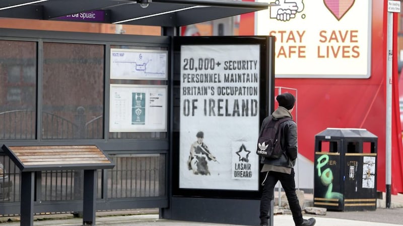 A bus shelter on the Falls Road in west Belfast targeted by republican group Lasair Dhearg. Picture by Mal McCann 