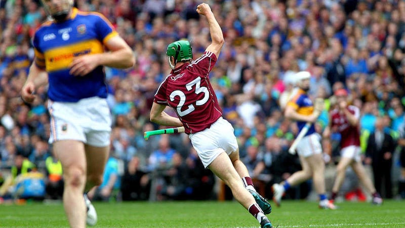 Galway's Shane Moloney wheels away after settling last year's epic semi-final at the death <br />Picture by Seamus Loughran