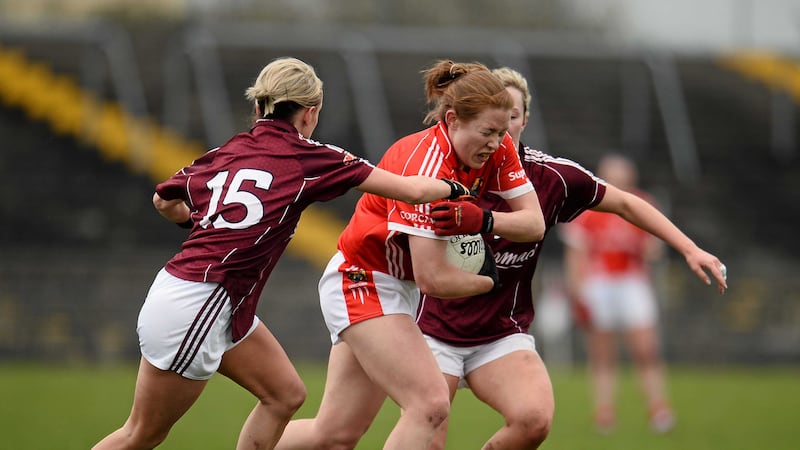 Cork's Rena Buckley is challenged by Edel Concannon (left) and Megan Glynn of Galway during last Sunday's Lidl National Ladies' Football League Division One game in St Jarlath's Stadium, Tuam<br />Picture by Sportsfile&nbsp;