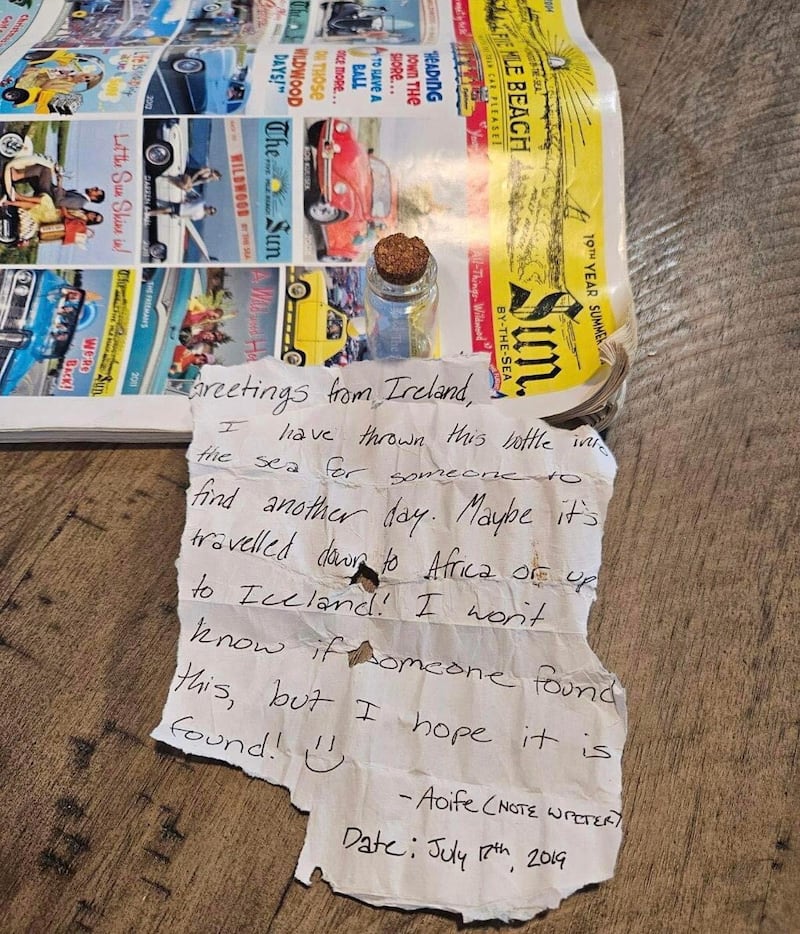 The message in a bottle found by Frank Bolger on the 14th street beach in Wildwood, New Jersey. Picture by Sun by the Sea magazine via Facebook